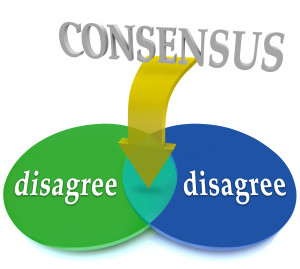 Consensus word on arrow pointing to overlapping area of common ground between two areas or circles with word Disagree